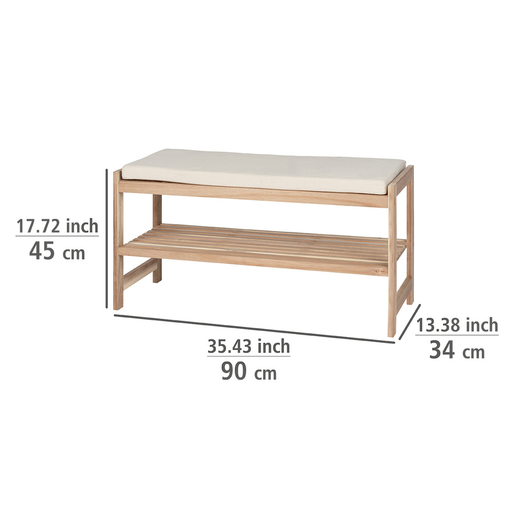 Banc d'entrée avec rangement chaussure et plateforme avec coussin, Bois FSC, Acina, 90x45x34 cm  Dimensions : 90 x 45 x 34 cm