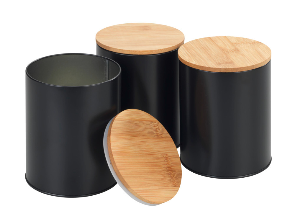 Lot de 4 rangements cuisine, boîte à pain avec planche à découper et 3 boites de conservation avec couvercle en bambou, noir, 32x21x5 cm  Noir, avec couvercle en bambou