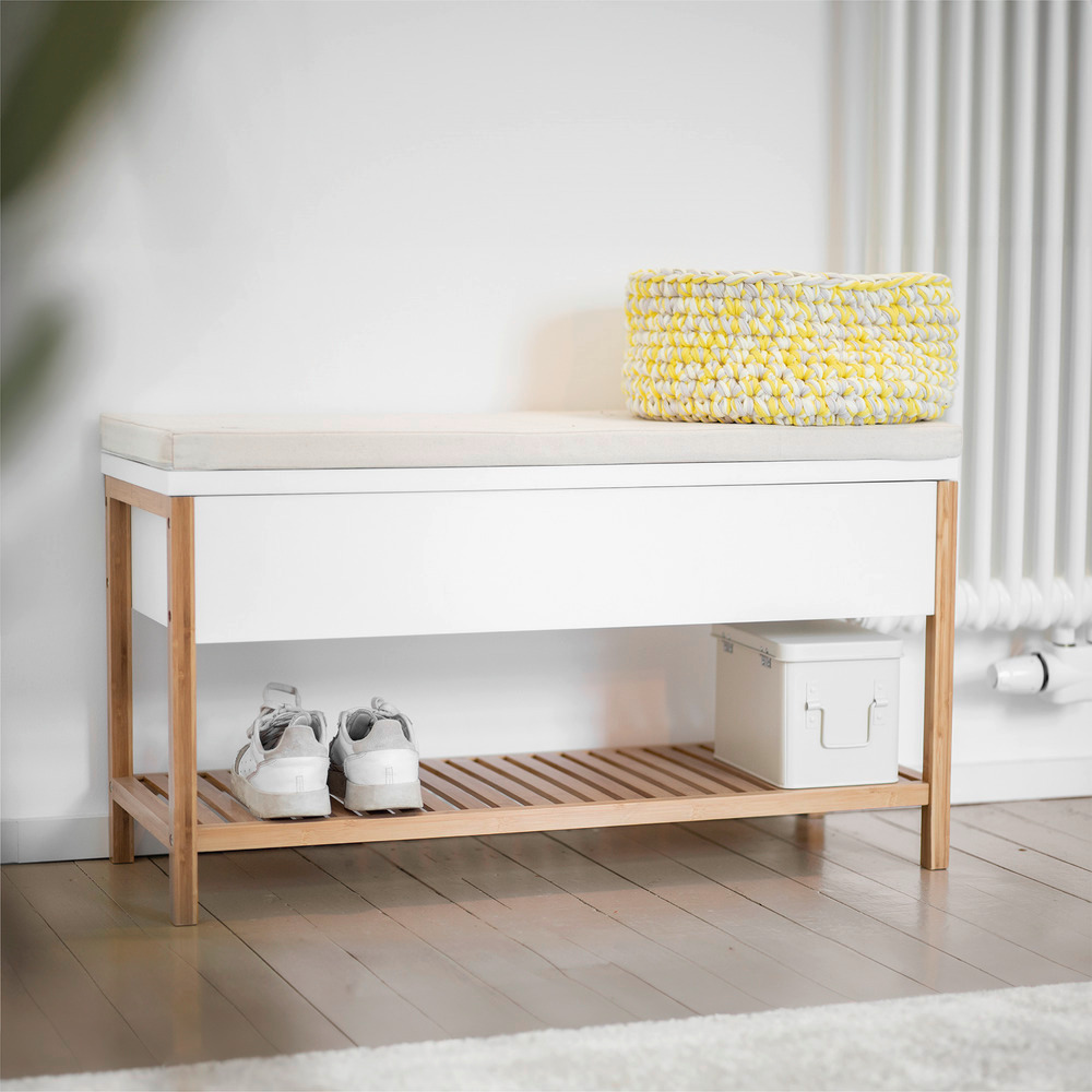 Banc d'entree avec rangement Finja, meuble chaussure entrée - banc coffre rangement chaussures,   en bambou/MDF