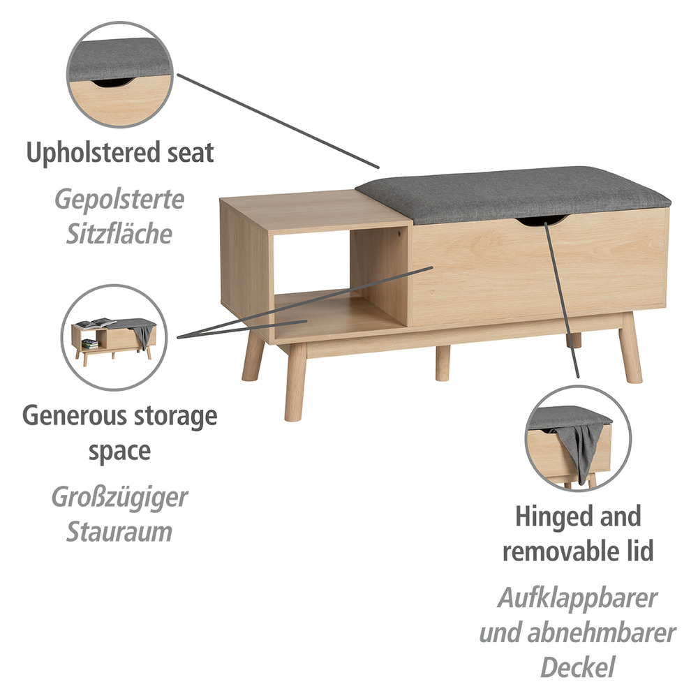 Banc d'entree avec rangement Edda, meuble chaussure entrée - banc coffre rangement chaussures,   coussin d'assise en polyester