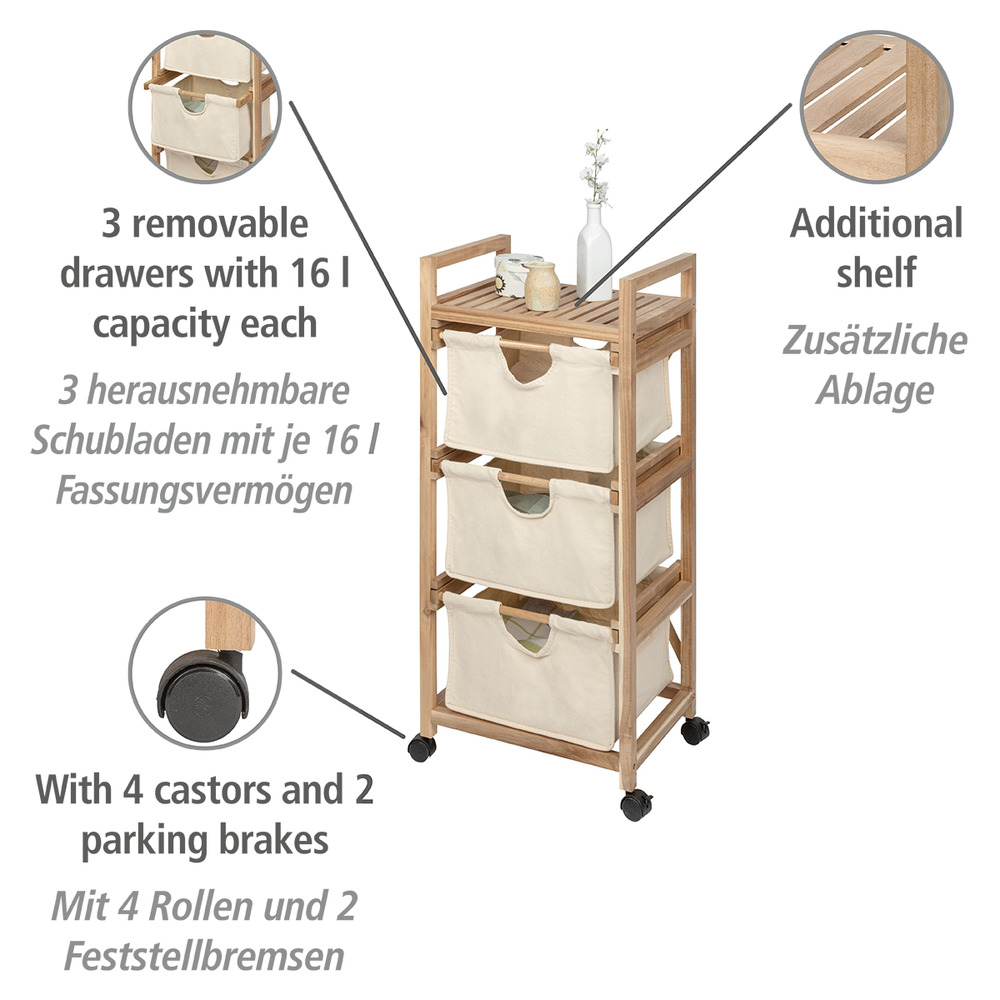 Etagère à roulettes 3 niveaux, avec panier tiroir souple, bois FSC, Acina, 43,5x96x33,5 cm  Etagere sur roulette avec 3 paniers de rangement4 roulettes, 2 freins