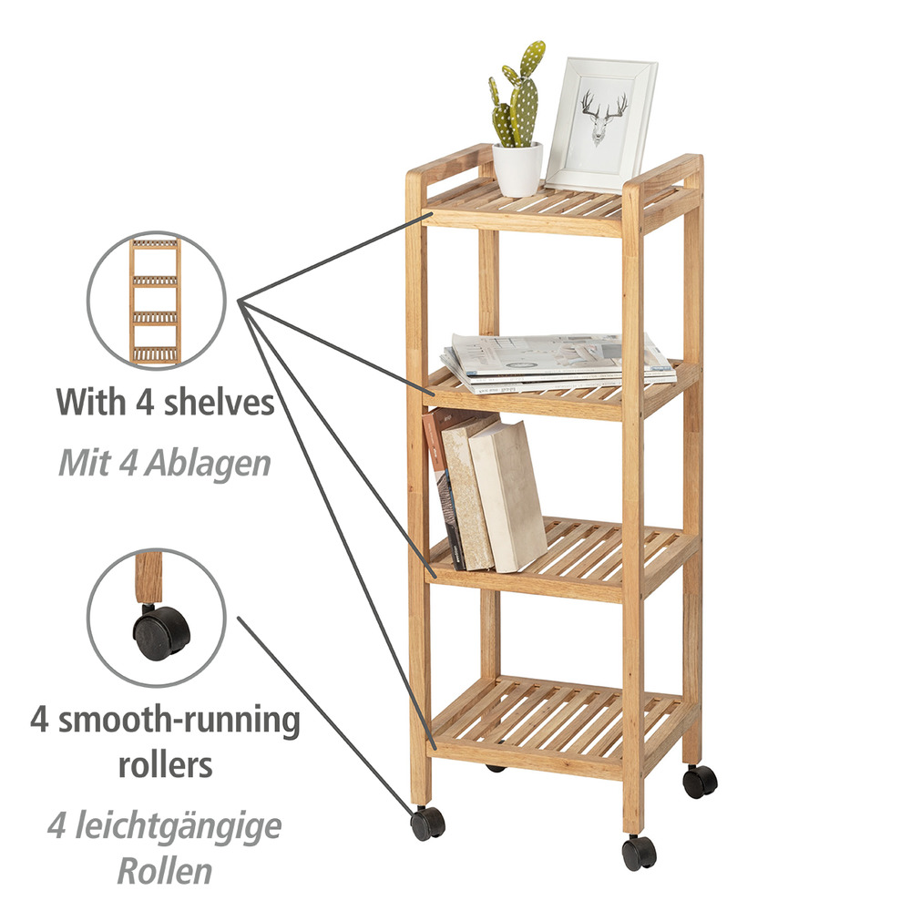 Etagère à roulettes 4 niveaux, bois Noyer, Norway,  35x97x31 cm  en noyer massif