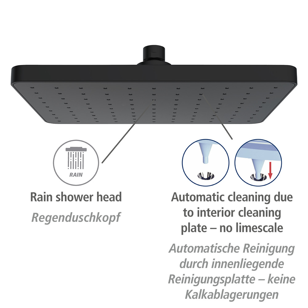 Pommeau de douche italienne, tête de douche effet pluie, anticalcaire, 250x170 mm, finition noir, nettoyage automatique  25 x 17 cm