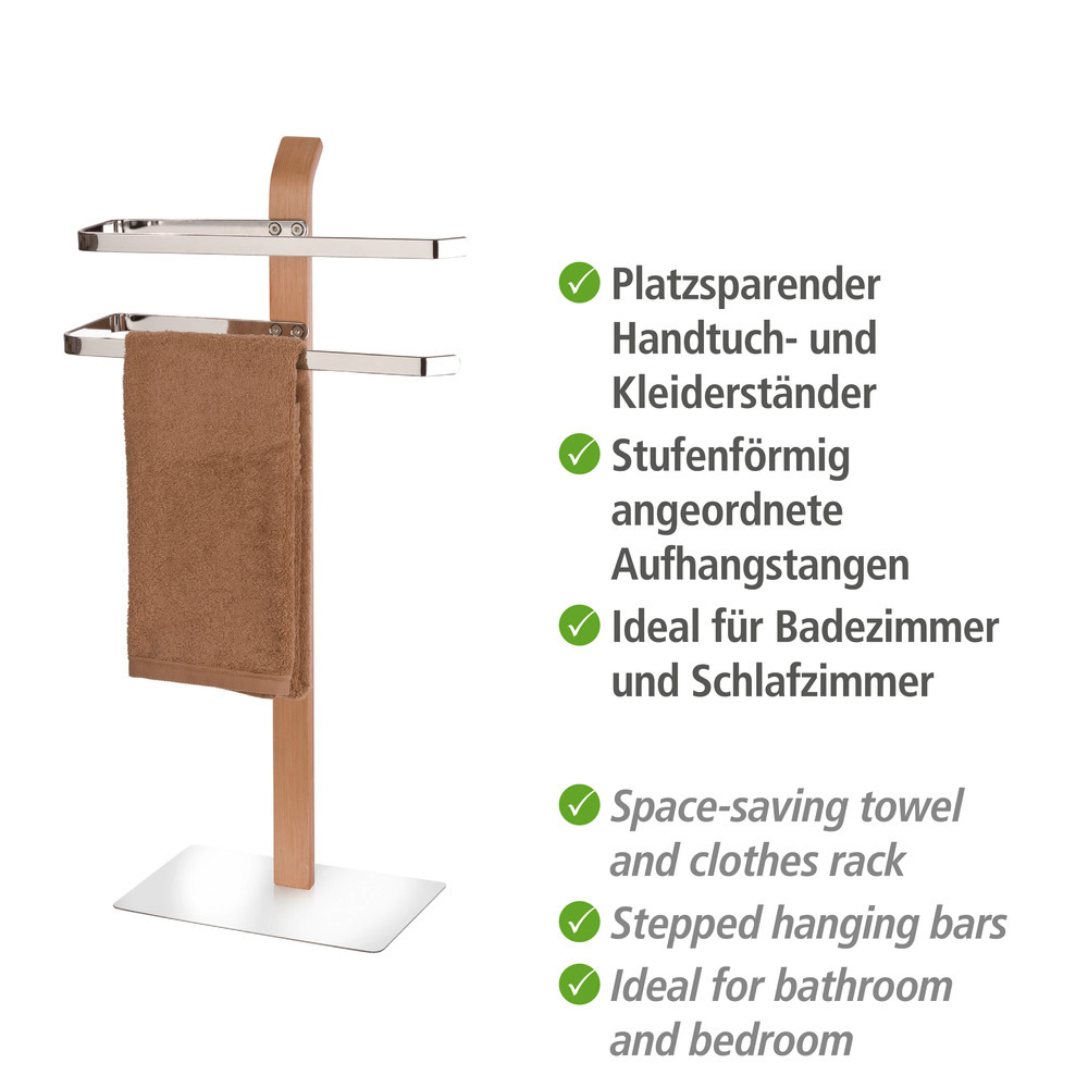 Porte serviette salle de bain sur pied Samona Nature, chromé - bois,  40,5x79,5x21,5 cm  piétement en bois stratifié