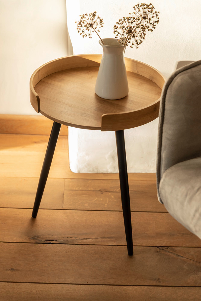 Petite table basse ronde, table d'appoint bout de canapé bois, pied métal noir,   en bambou et métal