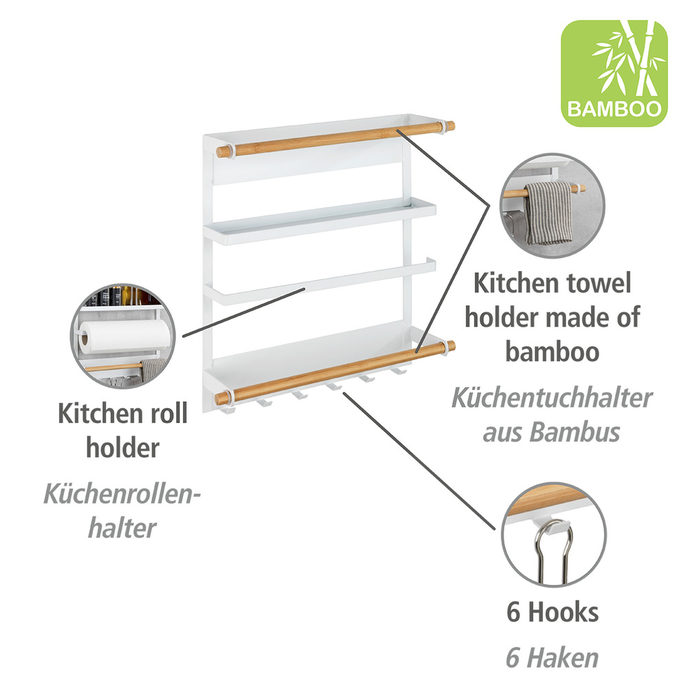 Etagère magnétique frigo, réfrégirateur, avec étagère porte épice, dérouleur sopalin magnétique et crochets suspension ustensiles de cuisine, Magna, blanc  Fixation magnétique sans perçage