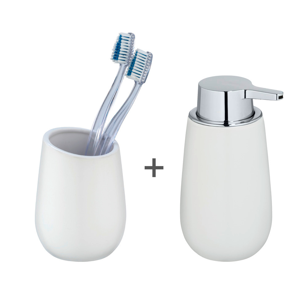 Set d'accessoires de salle de bain Badi blanc  avec gobelet pour brosse à dents et distributeur de savon