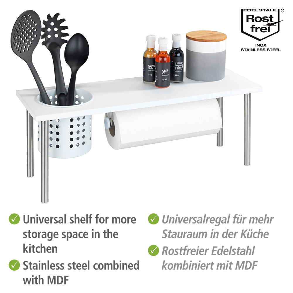 Organiseur cuisine, étagère évier cuisine avec dérouleur sopalin et porte ustensile  avec porte couvert, tablette de rangement et porte essuie tout