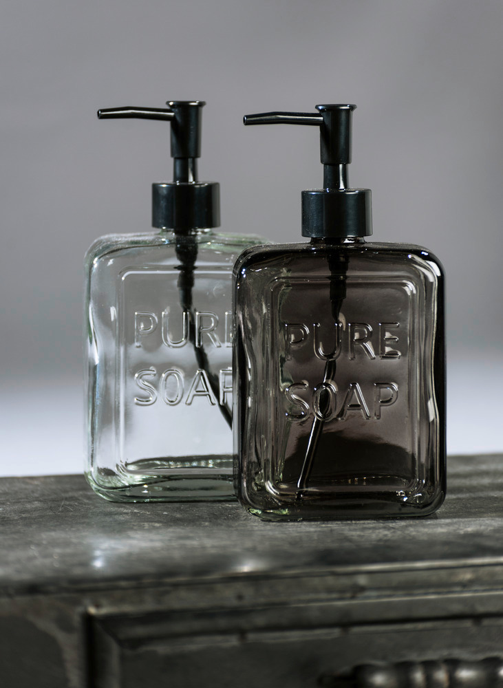 Distributeur de savon liquide, "Pure Soap", verre, Gris  Distributeur savon liquide en verre