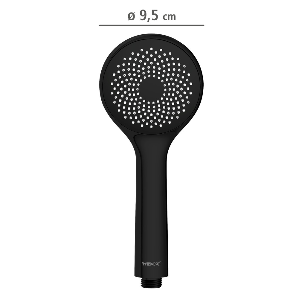 Pommeau de douche, 40% économie d'eau, ø9,5 cm, finition noir mat, embout universel 1/2"  ø9,5 cm