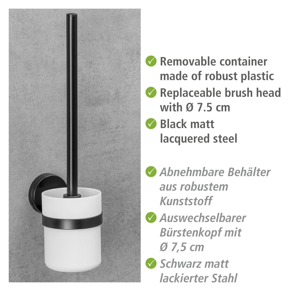 Brosse WC Suspendue murale, brosse wc noir, solution sans perçage, innovation "Static Loc Plus", Pavia  solution sans perçage, innovation "Static Loc Plus"