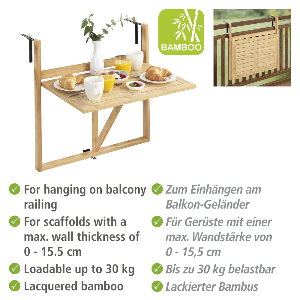 Table pliante en bambou pour balcon Waikiki  A accrocher à la balustrade du balcon