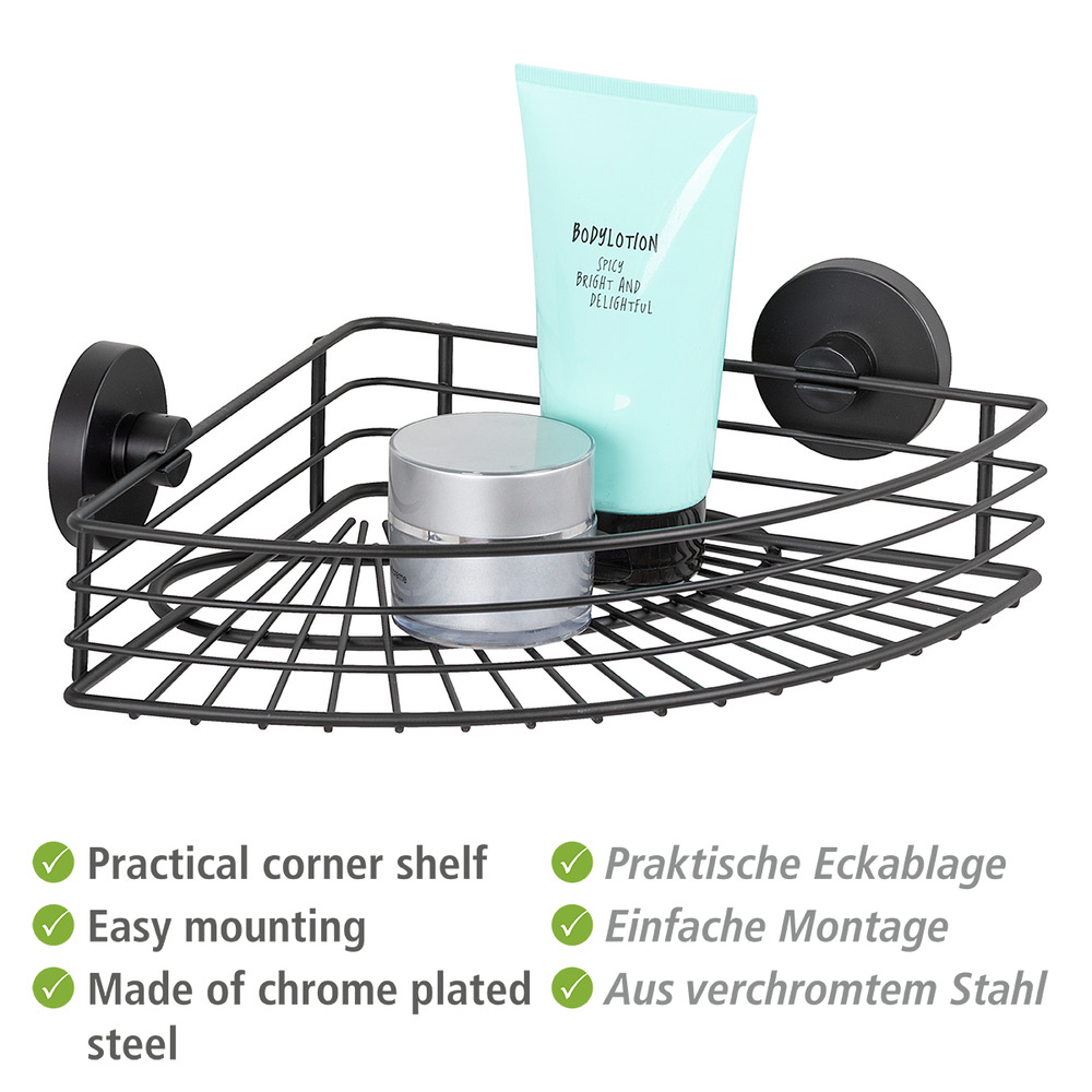 Etagère d'angle salle de bain, solution sans perçage, innovation "Vacuum Loc Plus", Noir  Système "Vacuum Loc", fixer sans perçer