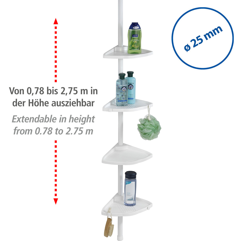 Étagère de douche télescopique Compact, paniers de douche plastique, aluminium blanc, 26x78-275x19,5 cm  4 tablettes et 4 crochets