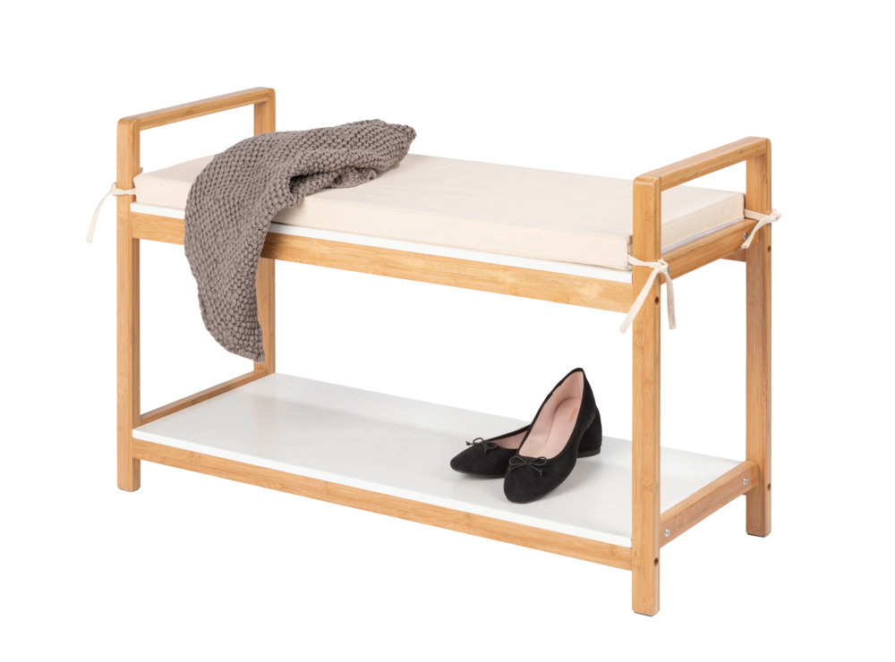 Banc d'entrée avec rangement chaussure et plateforme avec coussin, Bois, Finja, 90x55x34 cm  en bambou/MDF