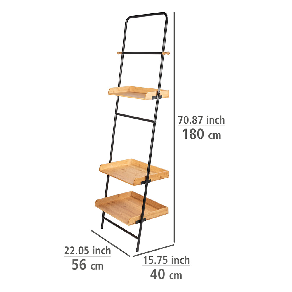 Etagère à poser contre un mur, 3 plateaux de rangement et barre de suspension, Loft, Acier noir et bois, 56x180x40 cm  Meuble étagère en Bambou