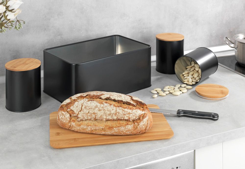 Lot de 4 rangements cuisine, boîte à pain avec planche à découper et 3 boites de conservation avec couvercle en bambou, noir, 32x21x5 cm  Noir, avec couvercle en bambou