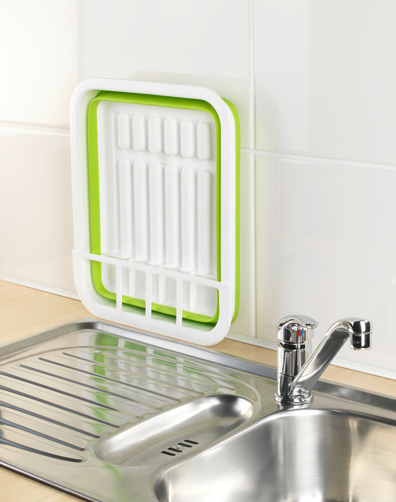 Égouttoir à vaisselle pliable blanc/vert  avec porte-couverts et support d'assiettes