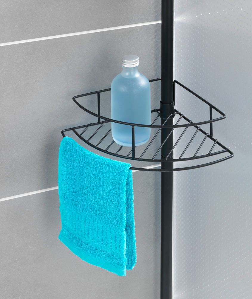 Etagère de salle de bain téléscopique, solution sans perçage, Dolcedo, Acier Noir  Etagere douche téléscopique d'angle