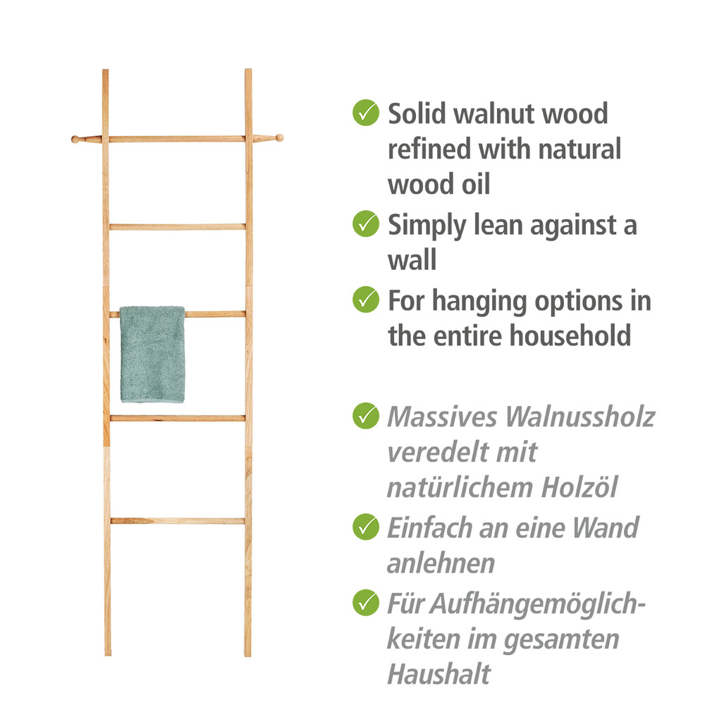Echelle Porte Serviette, Bois Noyer, 5 portants et deux crochets de suspension, Norway, 43x170x4 cm  massif, porte-serviettes
