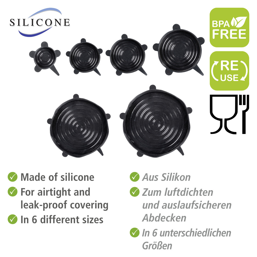 Couvercles en silicone Loui Noir, 6 pièces  flexibles et réutilisables