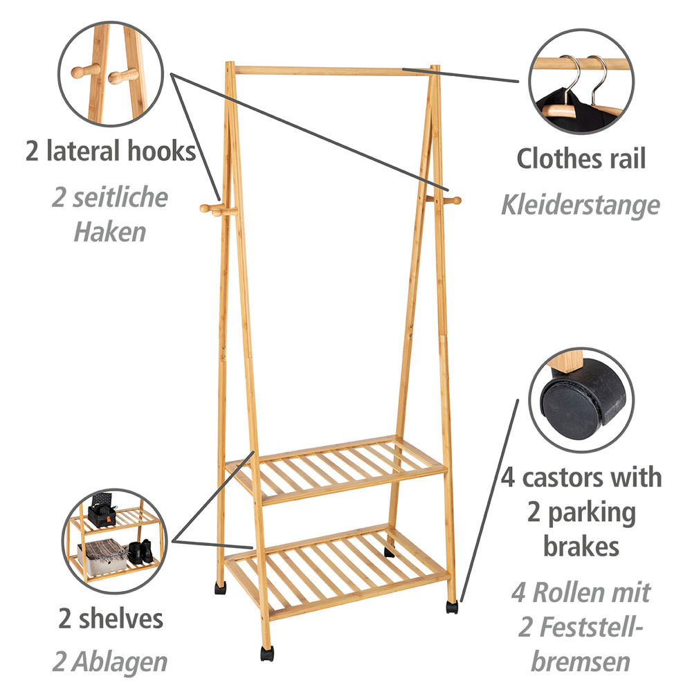 Porte-vêtements Honolulu en bambou  Avec quatre roulettes pour un déplacement facile
