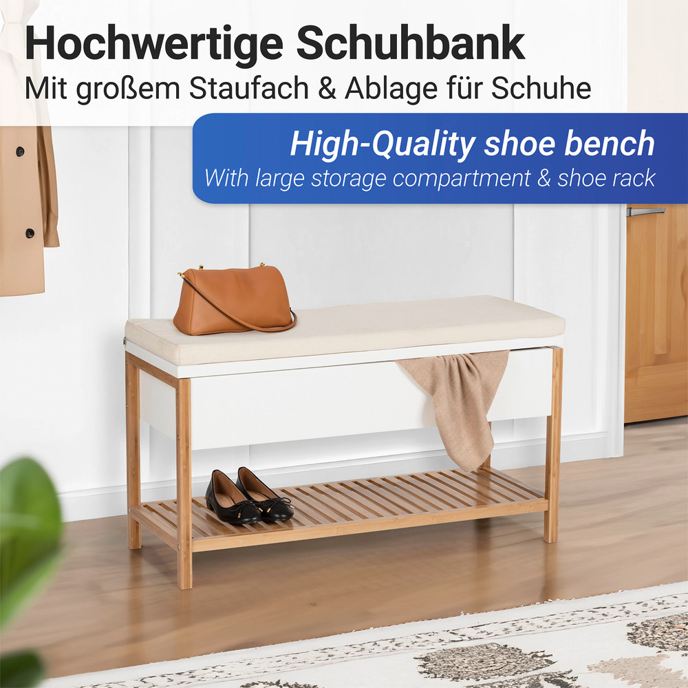 Banc d'entree avec rangement Finja, meuble chaussure entrée - banc coffre rangement chaussures,   en bambou/MDF