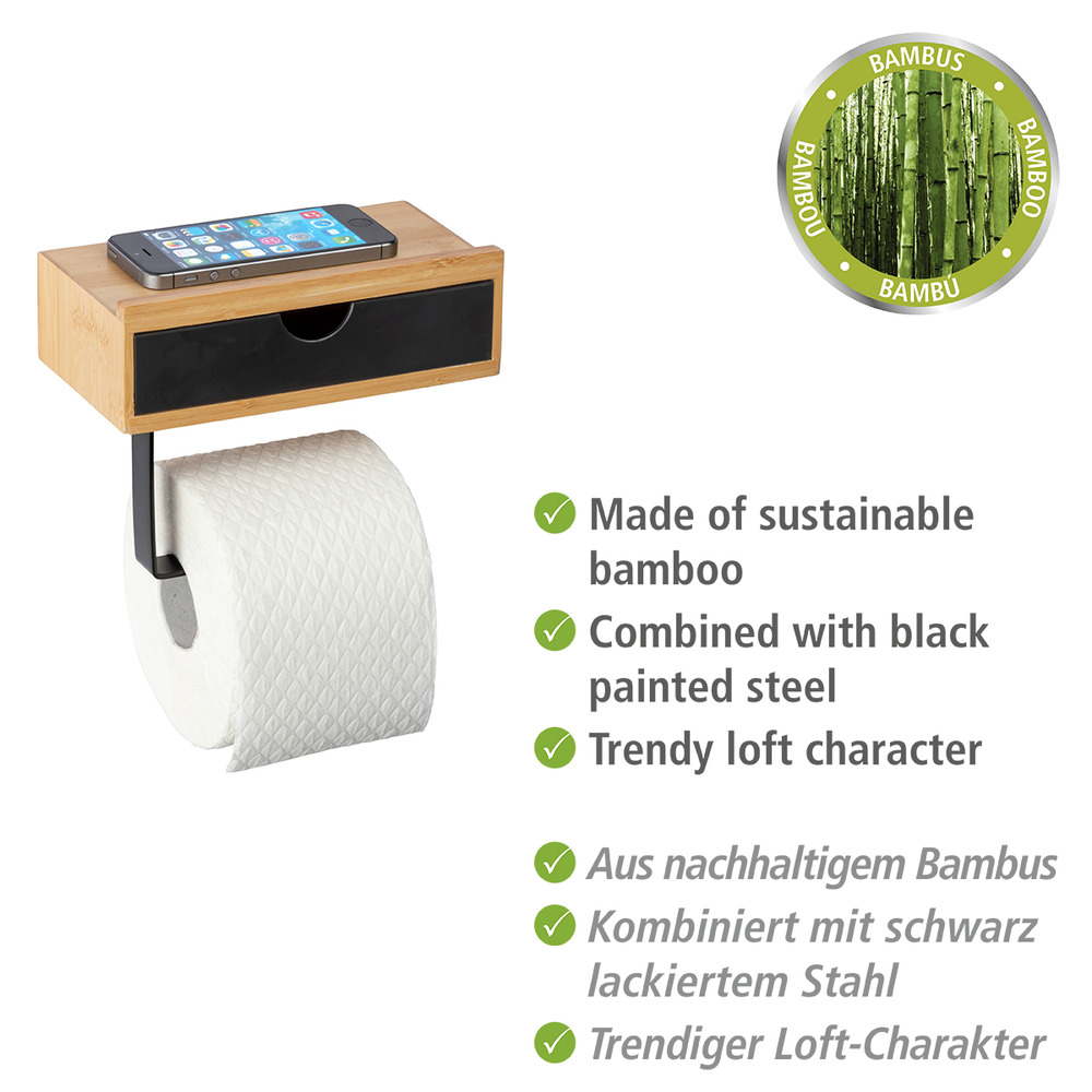 Porte papier toilette bois, avec support smartphone, et tiroir pratique de rangement, Bambusa  en Bambou