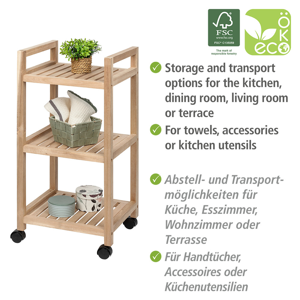 Etagère à roulettes 3 niveaux, bois FSC, Acina, 35x72x31 cm  avec 4 roulettes