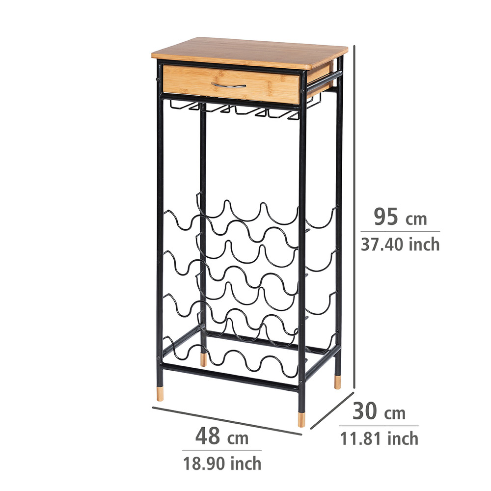 Étagère à vin, porte bouteille design Loft pour 16 bouteilles avec tiroir et porte verre suspendu  en bambou