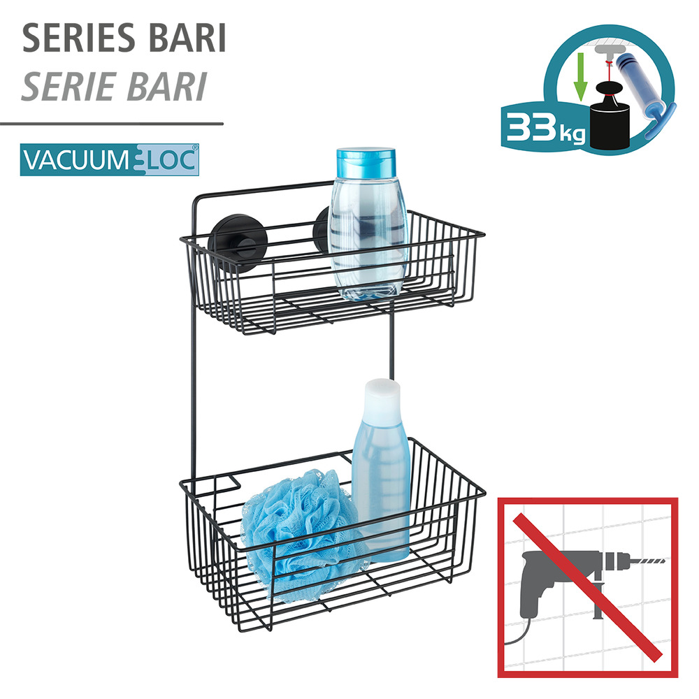 Etagère murale salle de bain, 2 paniers de rangement, solution sans perçage, innovation "Vacuum Loc Plus", Pavia, Noir  Système "Vacuum Loc", fixer sans perçer