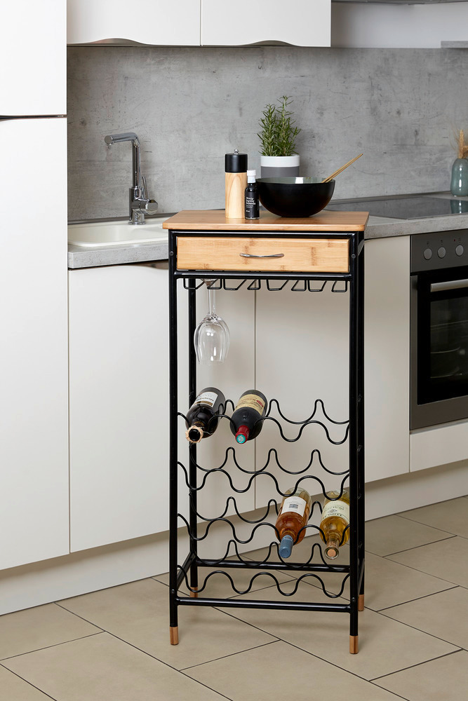 Étagère à vin, porte bouteille design Loft pour 16 bouteilles avec tiroir et porte verre suspendu  en bambou