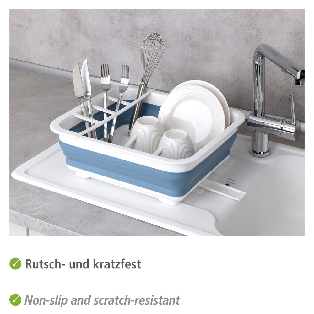 Égouttoir à vaisselle Gaia pliable blanc/bleu  avec porte-couverts et support d'assiettes