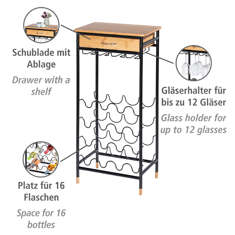 Étagère à vin, porte bouteille design Loft pour 16 bouteilles avec tiroir et porte verre suspendu  en bambou