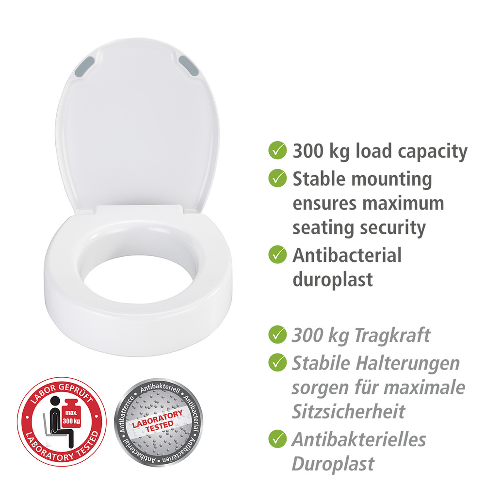 Abattant WC avec frein de chute, Secura Comfort L, avec réhausseur de 8 cm, Duroplastique  en Duroplast antibactérien avec siège surélevé