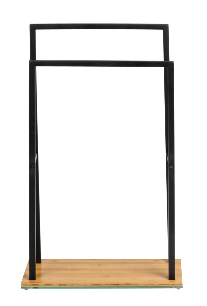 Porte Serviette sur pied acier noir et base bois lestée en bambou, 2 portants, 46x20x80 cm  en Bambou