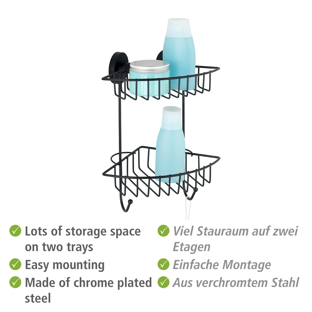 Etagère d'angle salle de bain, 2 paniers de rangement, solution sans perçage, innovation "Vacuum Loc Plus", Bari, Noir  Système "Vacuum Loc", fixer sans perçer