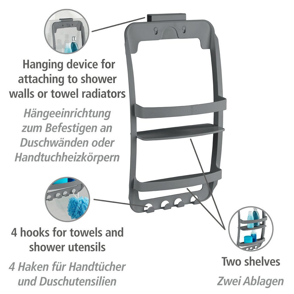 Etagère de douche à suspendre à la paroi de douche ou à fixer au mur, fixation inclus, en plastique résistant, anthracite  Serviteur de douche à suspendre à la paroi de douche