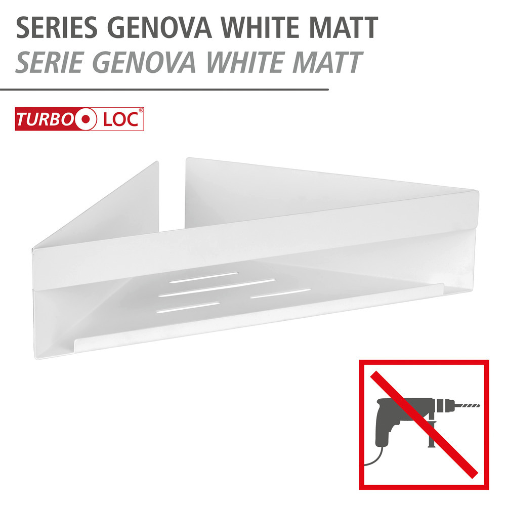 Turbo-Loc® tablette d'angle Genova White matt  Fixer sans percer avec un tampon adhésif spécial