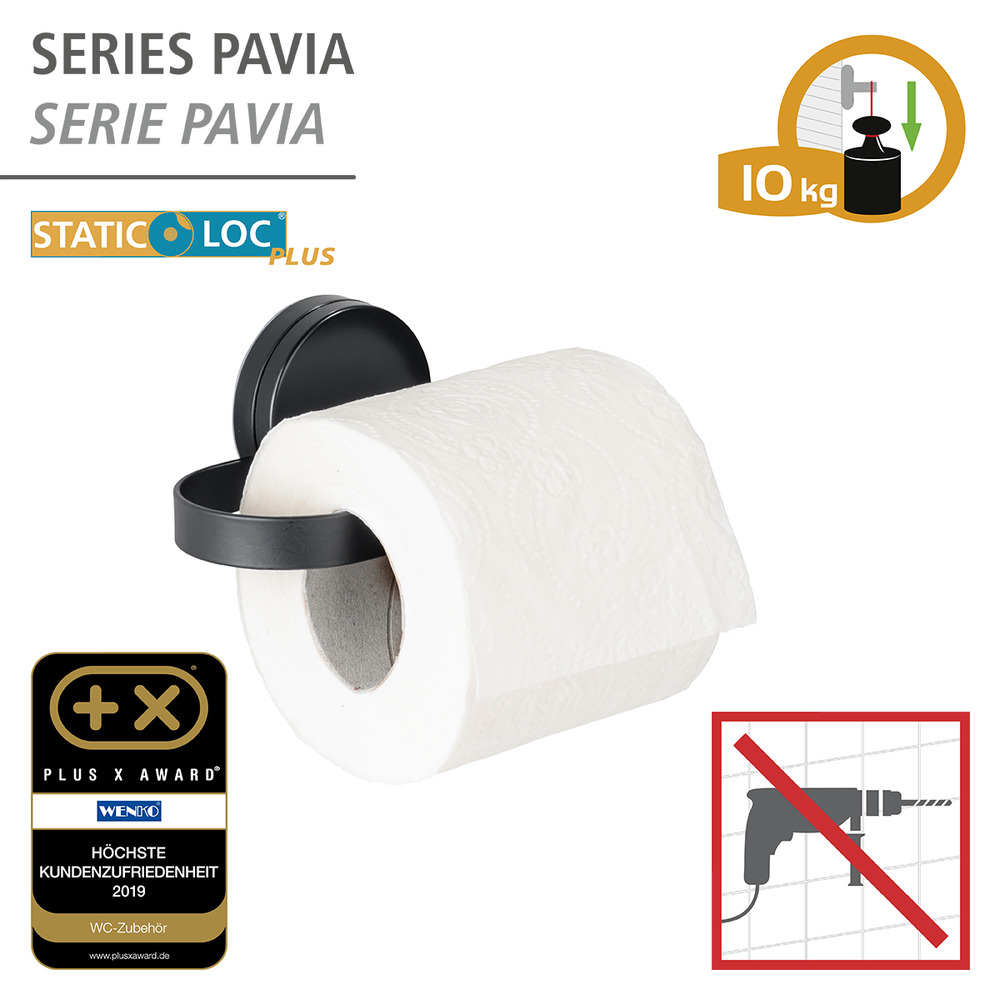 Porte Papier Toilette mural noir, solution sans perçage, innovation "Static Loc Plus", Pavia  Fixer sans percer