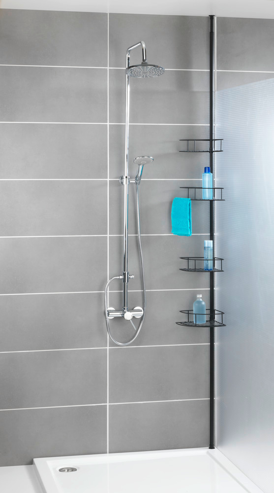 Etagère de salle de bain téléscopique, solution sans perçage, Dolcedo, Acier Noir  Etagere douche téléscopique d'angle