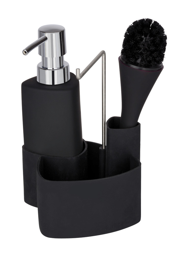 Organiseur pour évier, distributeur liquide vaisselle, porte éponge, goupillon, Empire noir  avec brosse de lavage