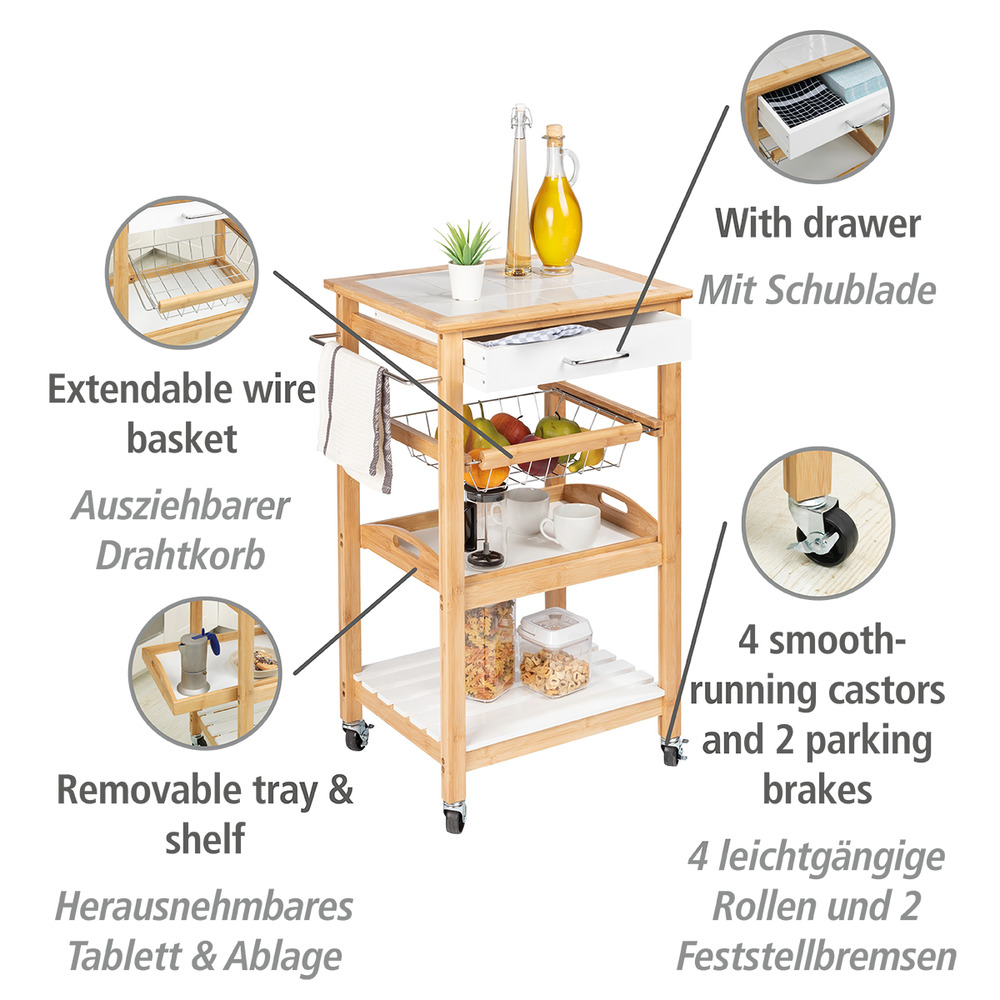 Desserte cuisine bois bambou Finja, desserte à roulettes avec 2 étagères et 1 panier métalique, 49x81x38 cm  Desserte cuisine à roulette Plan de travail céramique, facile d'entretien