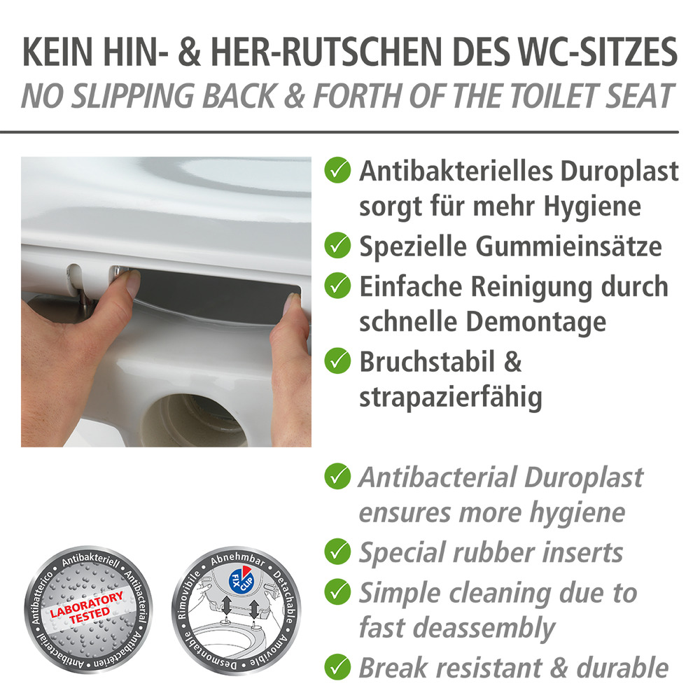 Abattant WC Premium Shell Easy-Close  abaissement automatique, fixation Fix-Clip hygiénique en acier inox, antibactérien