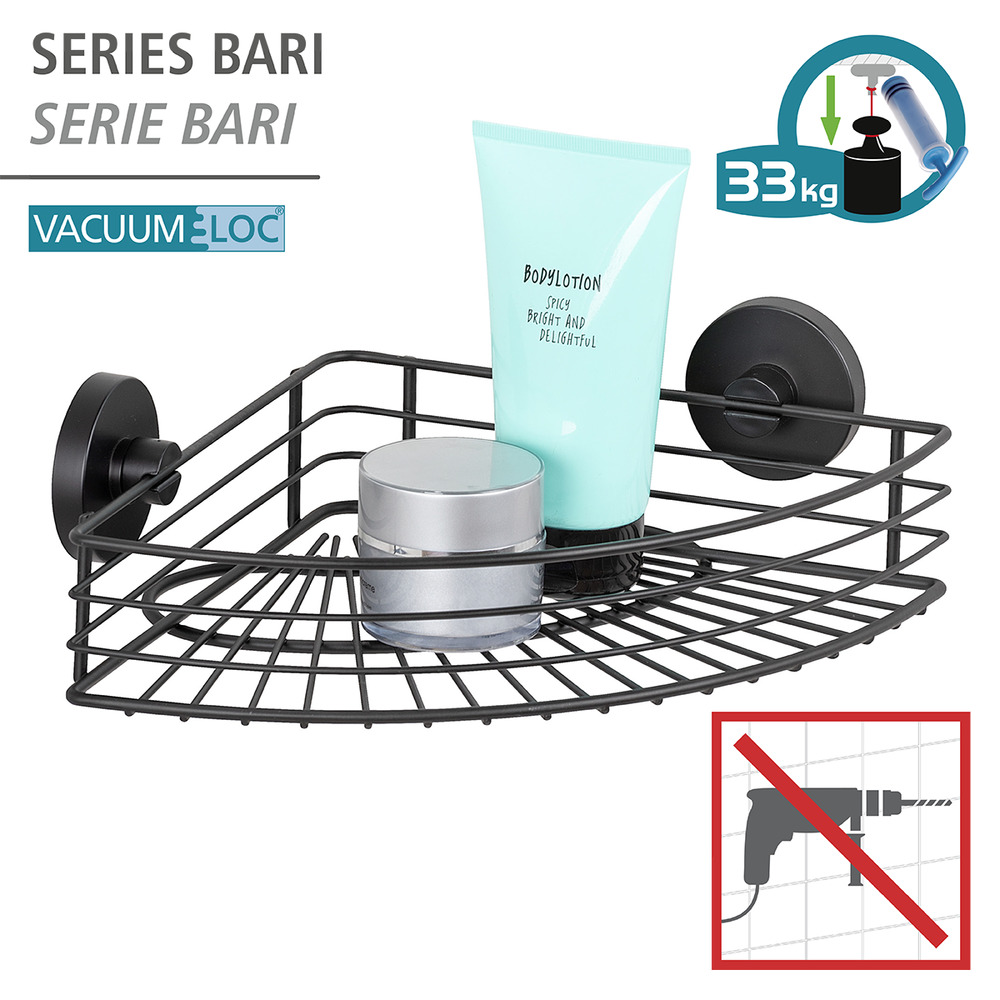 Etagère d'angle salle de bain, solution sans perçage, innovation "Vacuum Loc Plus", Noir  Système "Vacuum Loc", fixer sans perçer