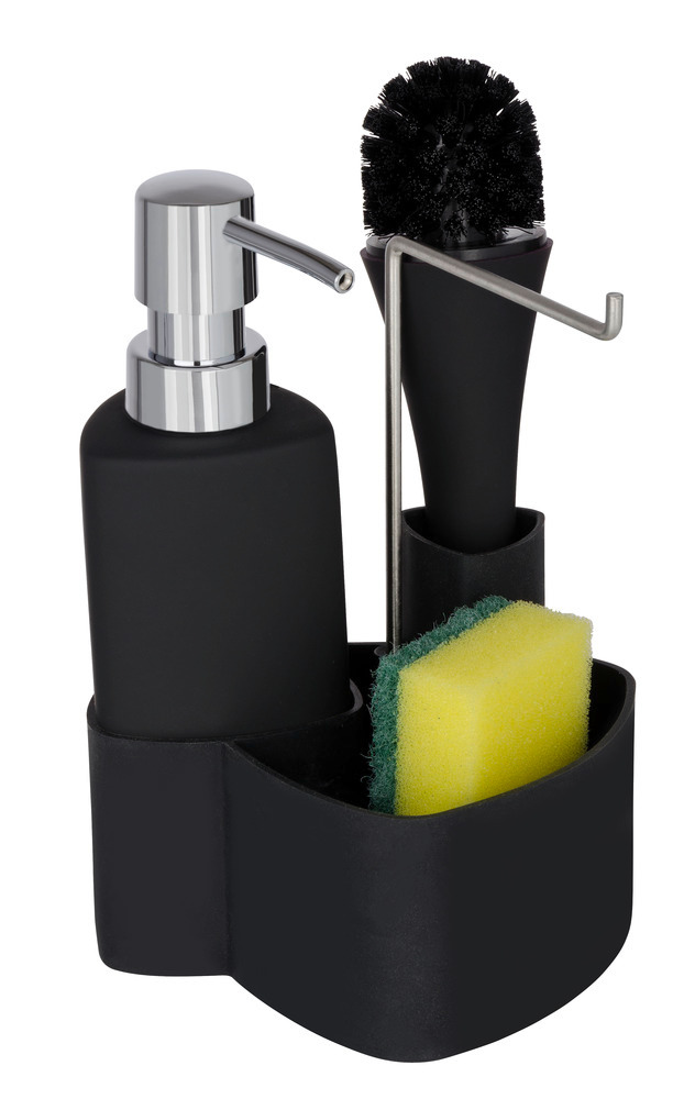 Organiseur pour évier, distributeur liquide vaisselle, porte éponge, goupillon, Empire noir  avec brosse de lavage