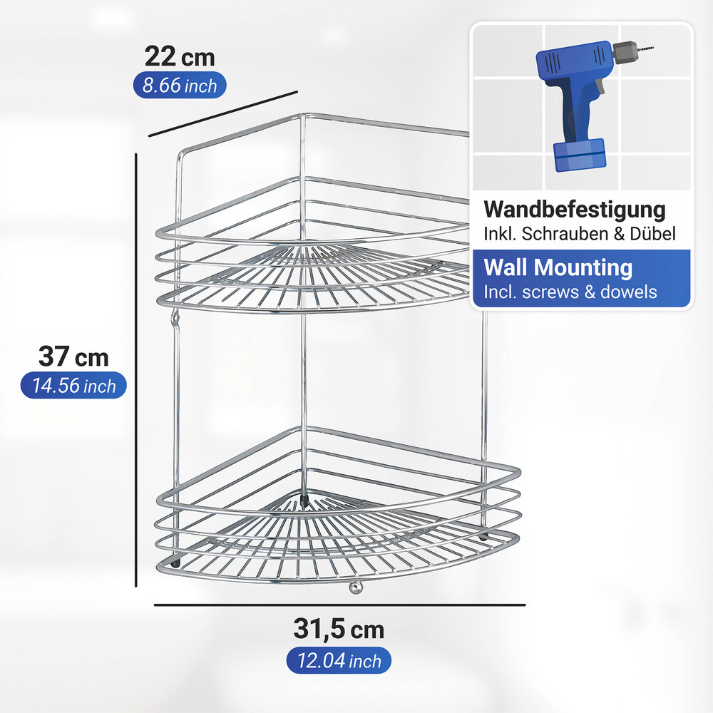 Etagère d'angle murale Milano à 2 niveaux  2 étagères, chrome