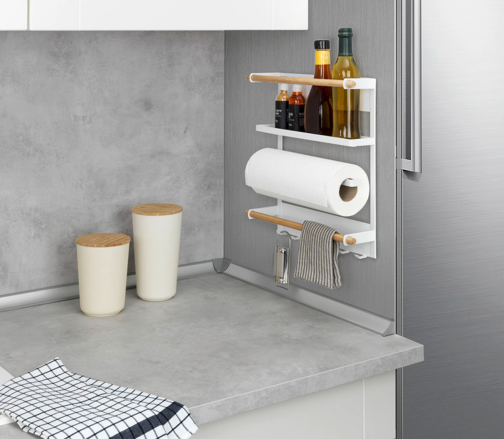 Etagère magnétique frigo, réfrégirateur, avec étagère porte épice, dérouleur sopalin magnétique et crochets suspension ustensiles de cuisine, Magna, blanc  Fixation magnétique sans perçage