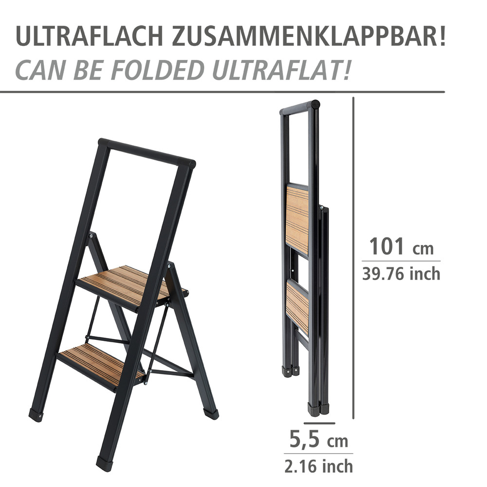 WENKO Escabeau 2 marches, escabeau pliable, noir aluminium, marche XL bambou, max 150 kg  marches XXL antidérapantes