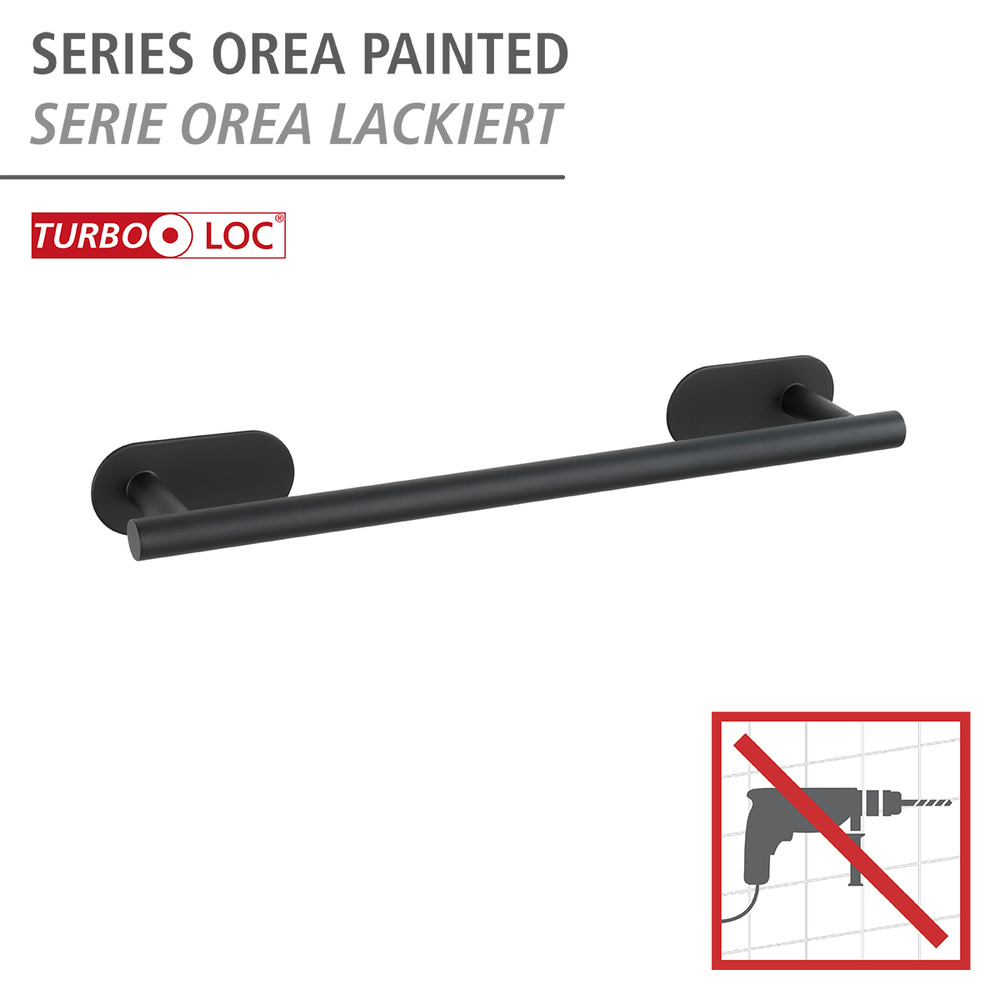 Porte Serviette mural inox noir,  solution sans perçage, innovation "Turbo Loc Plus", Longueur 40 cm, Orea  Porte serviette mural sans perçage